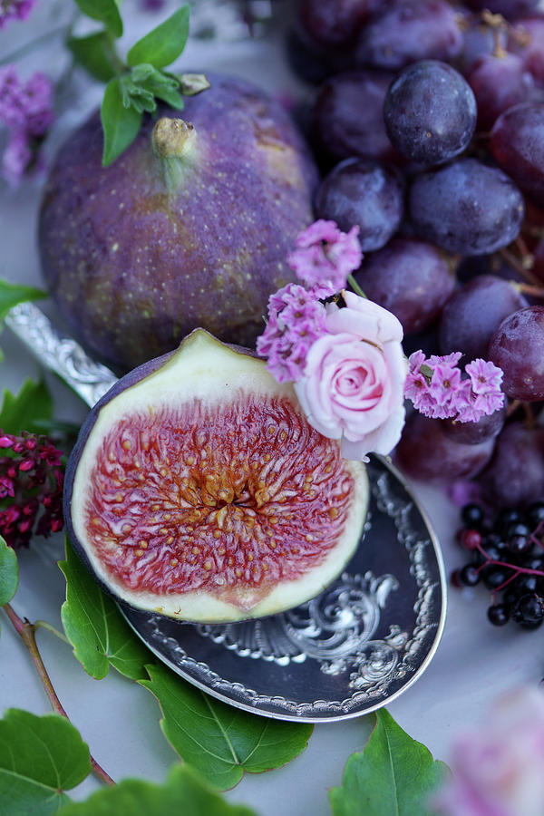 A Halved Fig On A Silver Spoon close-up Photograph by Angelica Linnhoff
