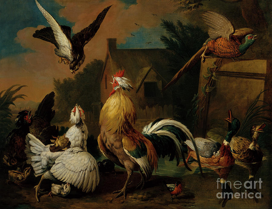 A Hawk Attacking Poultry In A Farmyard Painting by Pieter Casteels