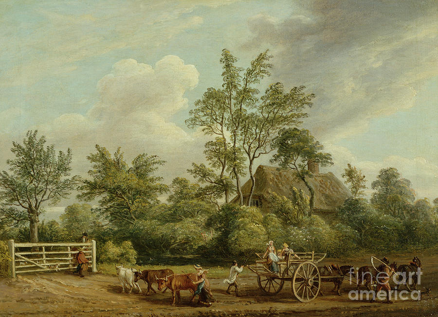 A Hay Cart Wit Farm Labourers And Cattle Near Easton Park, Suffolk Painting by Paul Sandby