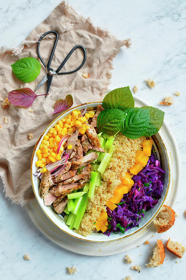 A Healthy Salad Bowl With Quinoa, Chicken And Vegetables Photograph by Karolina Smyk