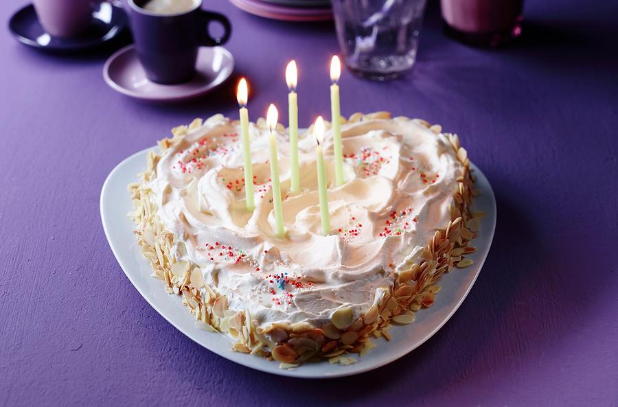 A Heart-shaped Cake With Burning Candles For Birthday Photograph by Brigitte Wegner