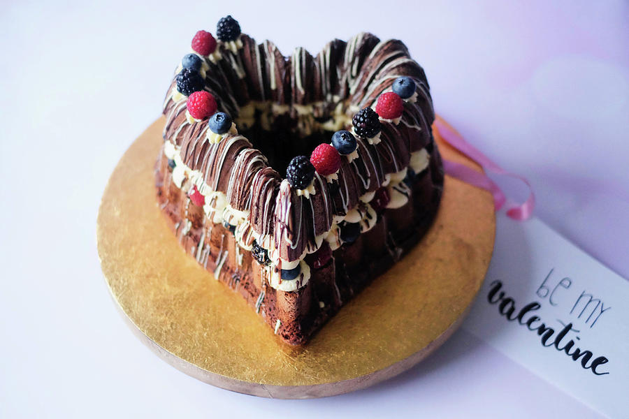 A Heart-shaped Chocolate Cake With Vanilla Cream And Berries For Valentines Day Photograph by Marions Kaffeeklatsch
