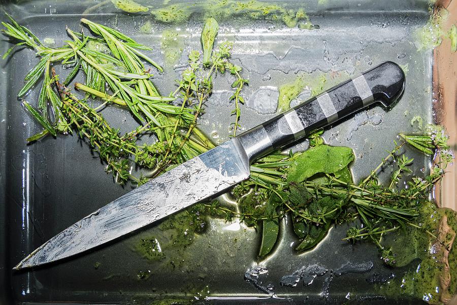 A Herb Marinade, Herbs And A Knife In A Tub Photograph by Chris Schfer