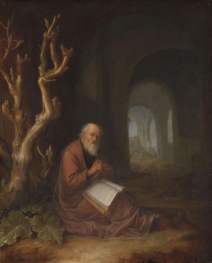 A Hermit Praying in a Ruin. Painting by Jan Adriaensz van Staveren