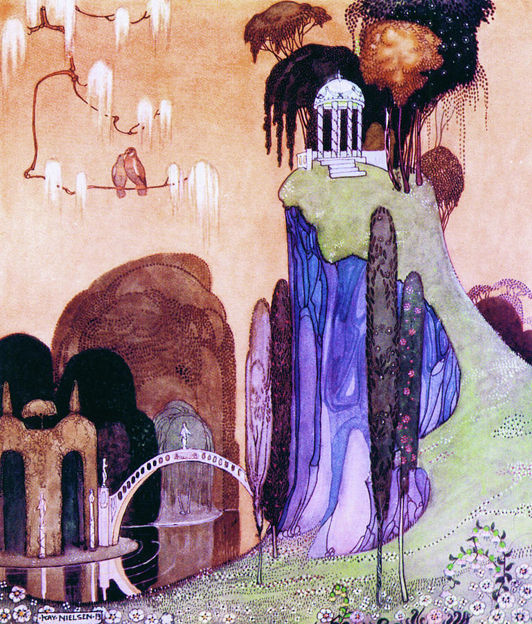 Birds Painting - A Hilltop Landscape With A Drum Bridge And A Greek-style Awning by Kay Nielsen Birds Painting - A Hilltop Landscape With A Drum Bridge And A Greek-style Awning by Kay Nielsen