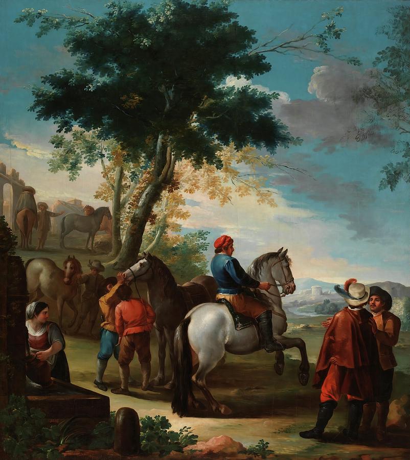 A Horse Market. XVIII century. Oil on canvas. Painting by Gines Andres de Aguirre -1727-1800-