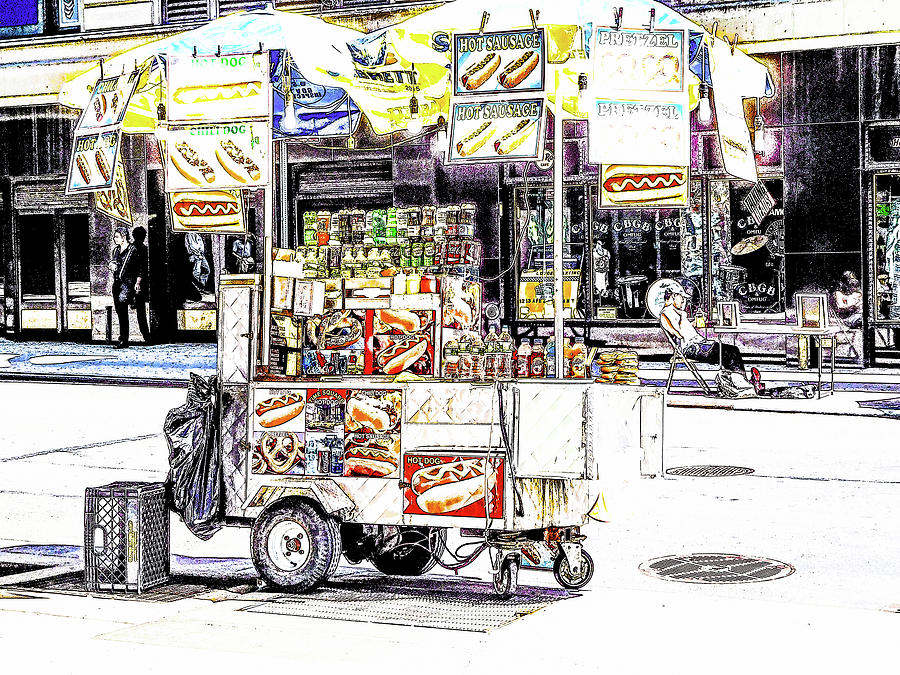 A hot dog stand in New York City 1 Painting by Jeelan Clark