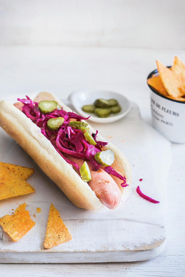 A Hot Dog With Pickled Red Cabbage And Gherkins Photograph by Maricruz Avalos Flores