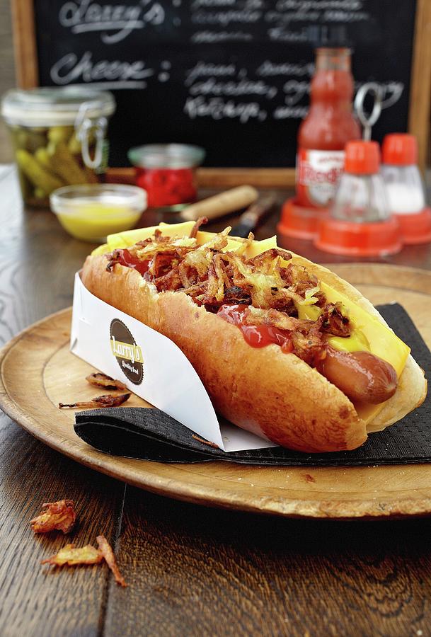 A Hotdog With Cheese And Ketchup At A Fast Food Cafe Photograph by Alessandra Pizzi