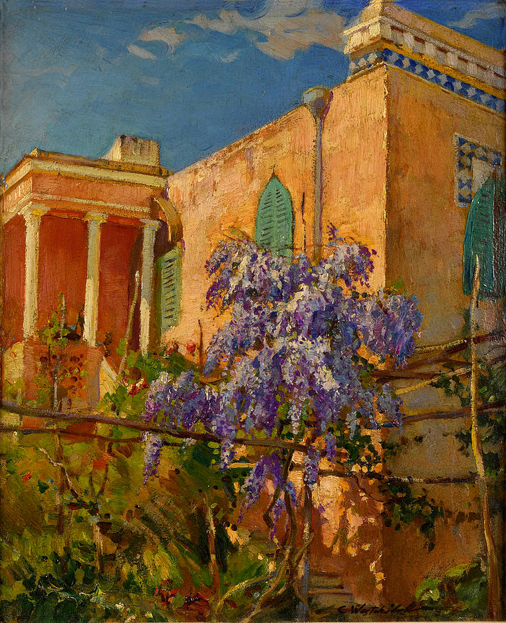 A House with Flowering Trees on the Amalfi Coast of Italy Painting by Constantin Westchiloff