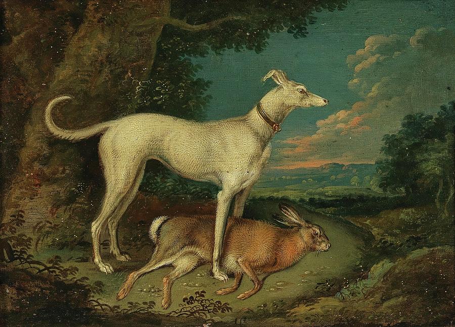 Nature Painting - A Hunting Dog With A Rabbit by Anton Enzinger