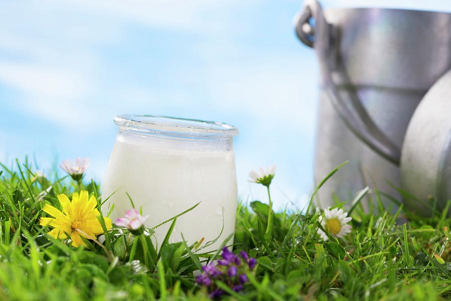 A Jar Of Yoghurt In A Flowering Meadow Photograph by Jean-paul Chassenet
