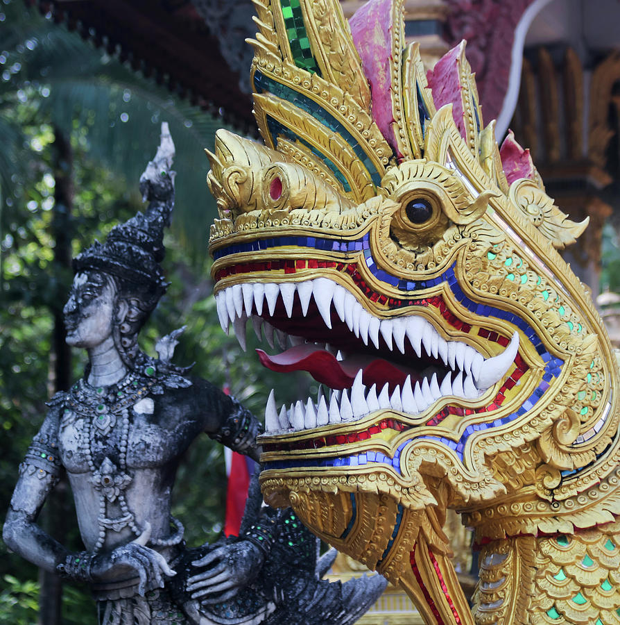 Architecture Photograph - A Kinnara and Dragon Statue, Wat Chang Kam Phra Wihan, Wiang Kum by Derrick Neill
