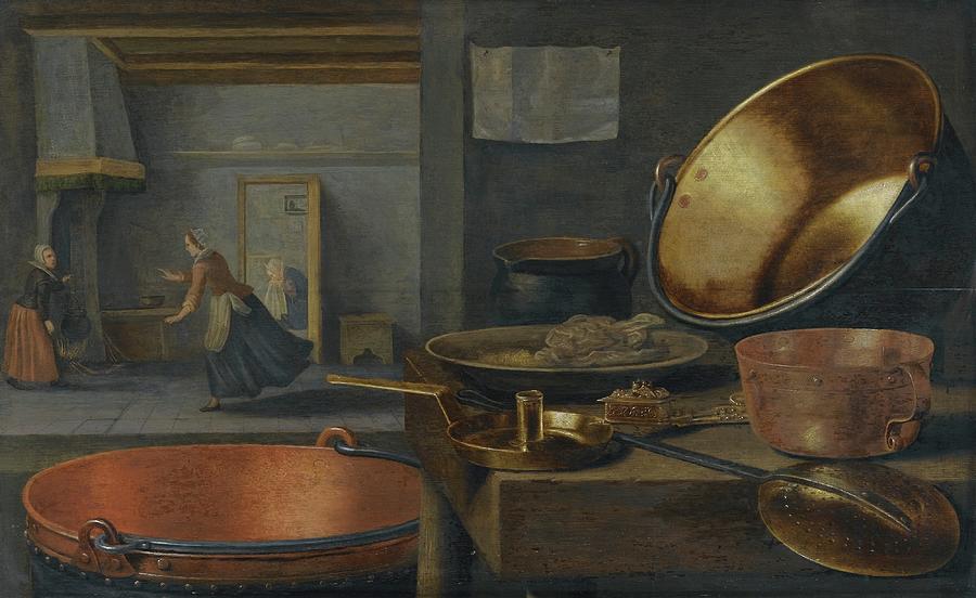 Still Life Painting - A Kitchen Still Life With Pots And Pans On A Stone Ledge by Floris Van Schooten
