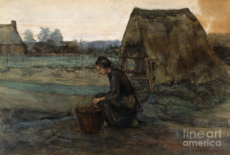 A Kneeling Peasant Woman In Front Of A Hut; Paysanne Agenouillee Devant Une Cabane, 1883 Painting by Vincent Van Gogh