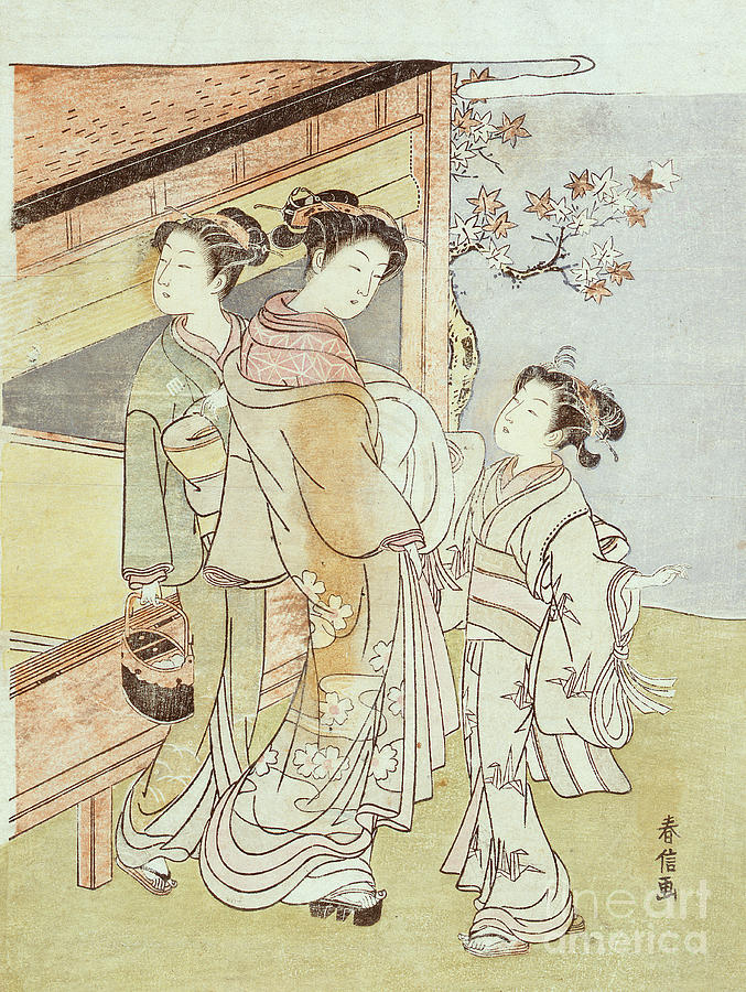 A Lady And Her Attendant Meet A Messenger Woodblock Print Painting by Suzuki Harunobu