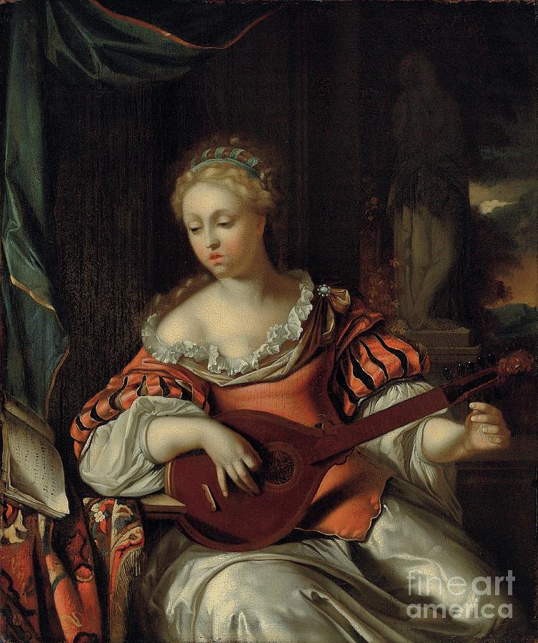 Music Painting - A Lady Playing The Lute In A Portico by Pieter Van Der Werff