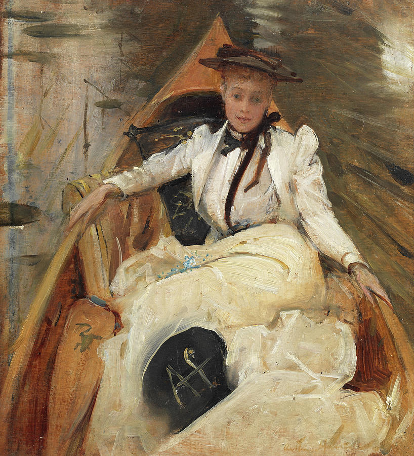 A lady reclining in a boat Painting by Arthur Hacker