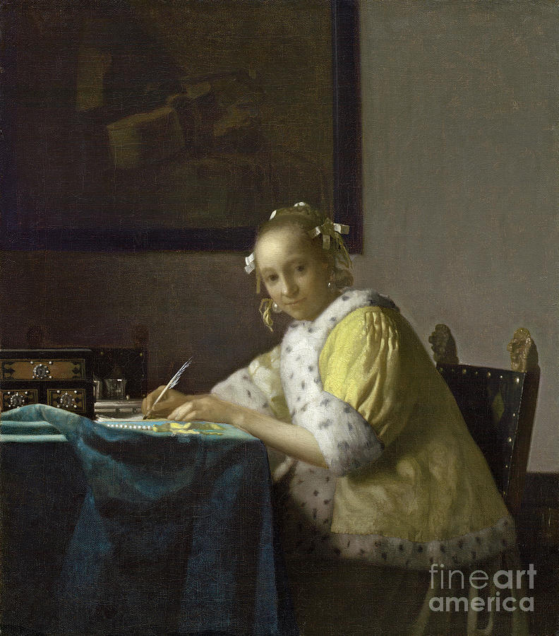 Coat Painting - A Lady Writing, C. 1665 by Jan Vermeer
