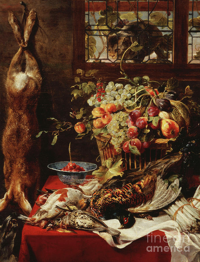 A Larder Still Life With Fruit, Game And A Cat By A Window Painting by Frans Snyders Or Snijders