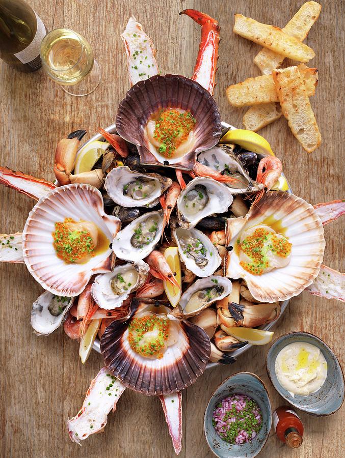 A Large Mussel Platter Featuring Lobster And Prawns Photograph by Martin Dyrlv