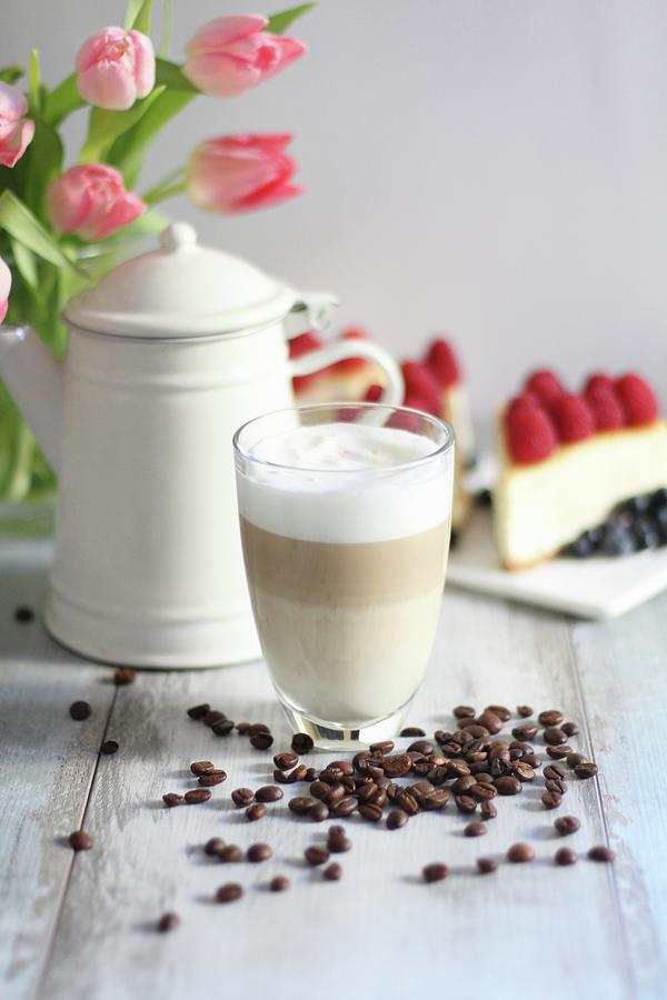 Coffee Photograph - A Latte And A Slice Of Cheesecake by Sylvia E.k Photography