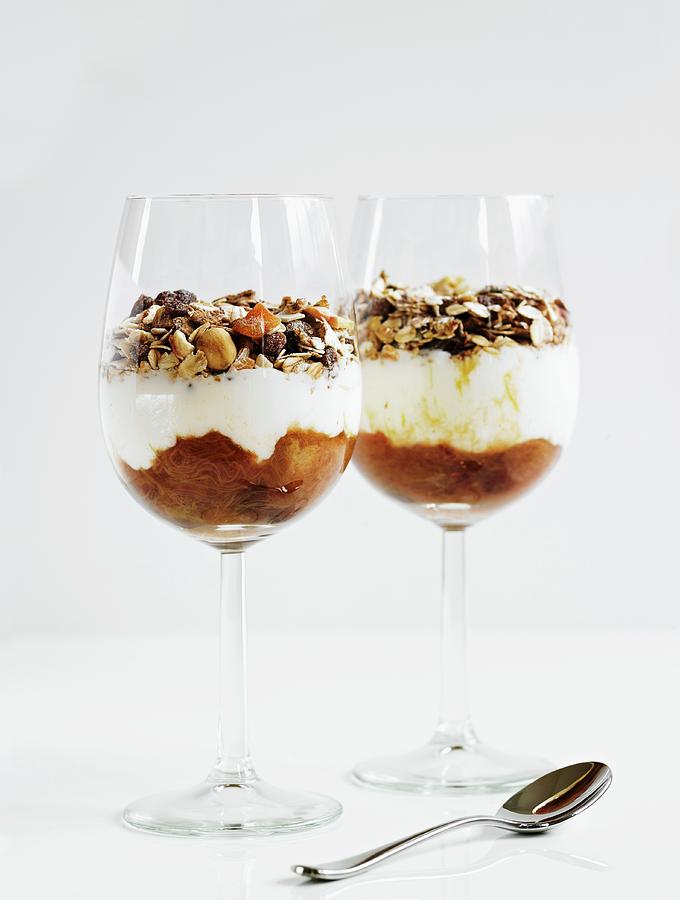 A Layered Dessert Of Rhubarb, Yoghurt And Chocolate Muesli Photograph by Richards, Charlie