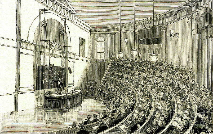 A Lecture In The Amphitheater Of The Ecole Polytechnique Of Paris, Engraving 1890 Drawing by Fortune Louis Meaulle