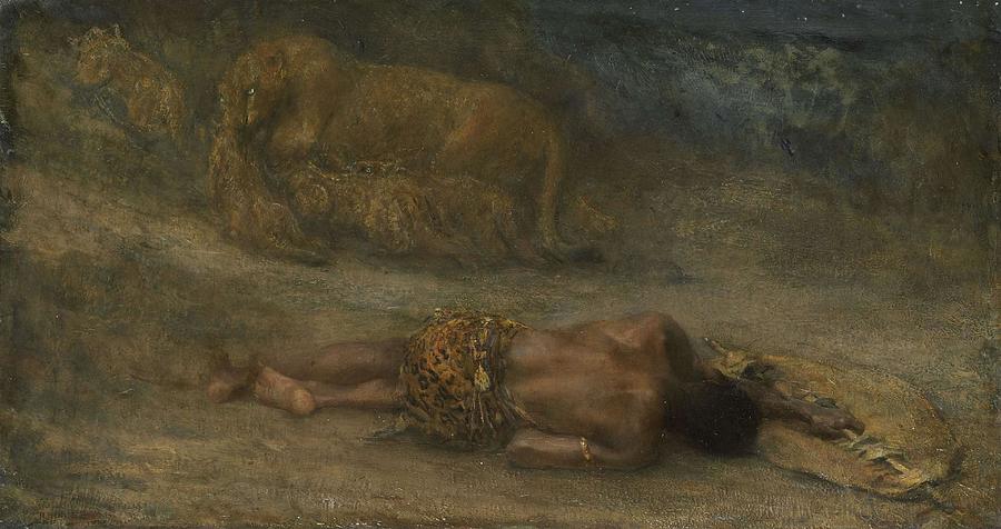 A lioness with her cubs in a dead black man called Nemesis. Painting by John Macallan Swan -1847-1910-