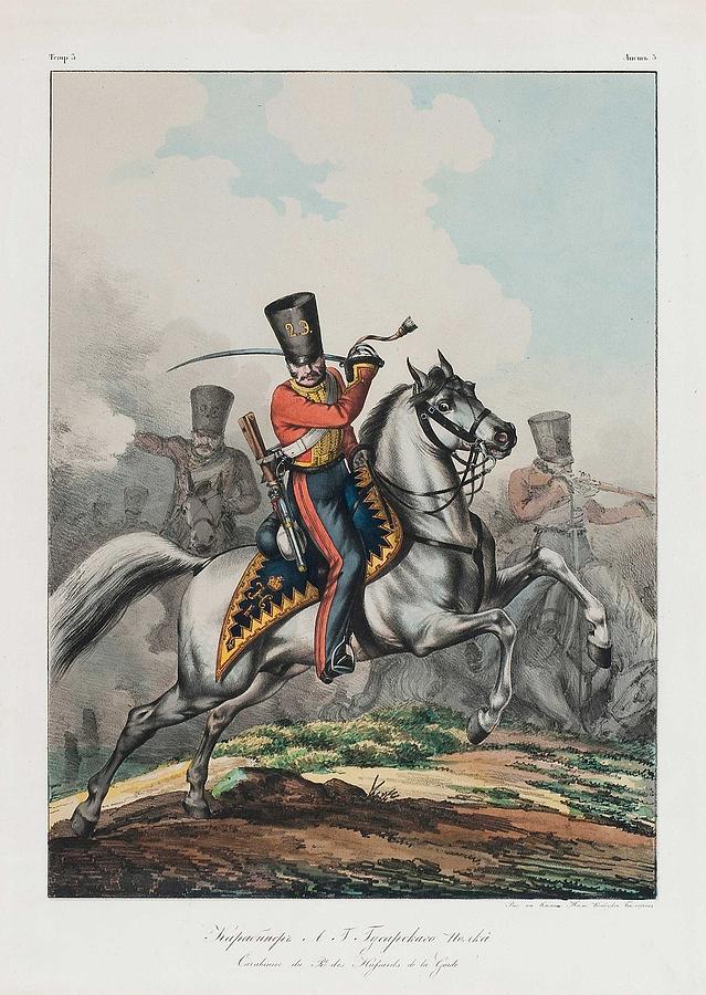 Vintage Painting - A LITHOGRAPH. Carabinier du Rt. des Hufsards de la Garde. Belousov Lev Aleksandrovich  1806-1864  by Celestial Images