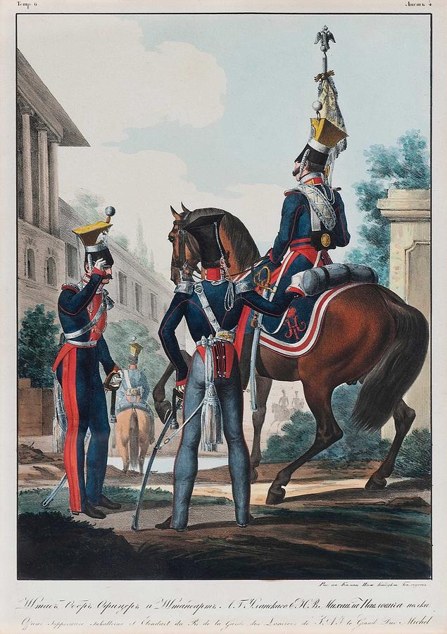 Vintage Painting - A LITHOGRAPH. Officiers superieur et Etendart du Rt de la Garde des Lanciers de SAI le Grand Duc Mic by Celestial Images