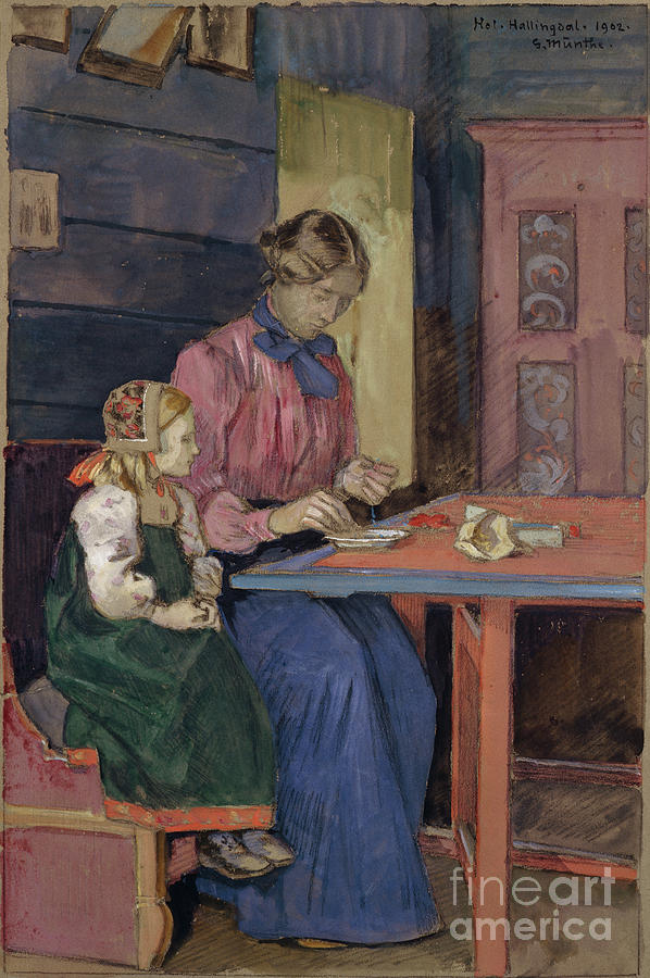 A litte Hallingdal girl learns how to tread pearls Mixed Media by O Vaering by Gerhard Munthe