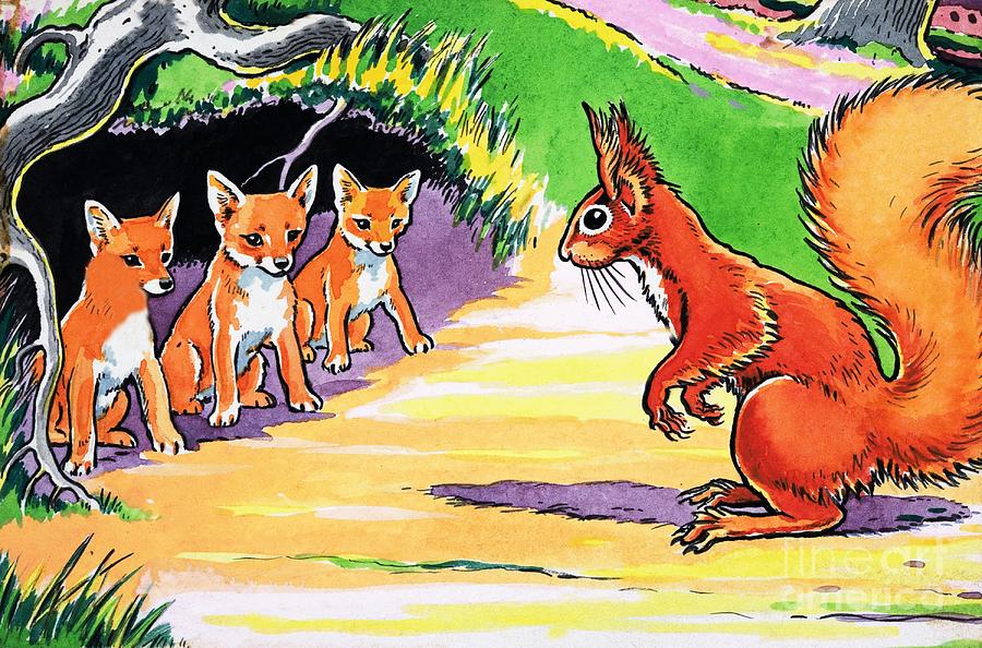 A Little Red Squirrel and three fox cubs Painting by Harry M Pettit