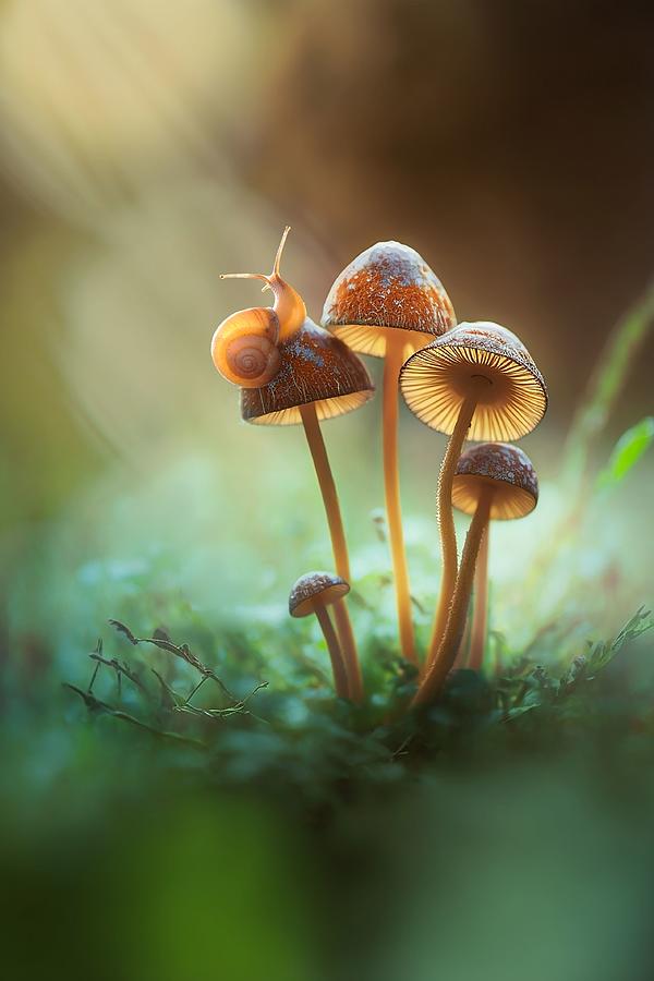 A Lone Snail On A Mushroom Photograph by Andri Priyadi