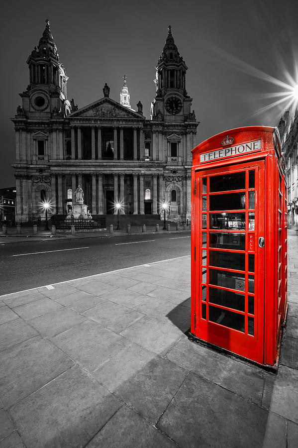 A Lonely Night At Saint Pauls Cathedral In London, England, With A Red Phone Booth In The Frame. Photograph