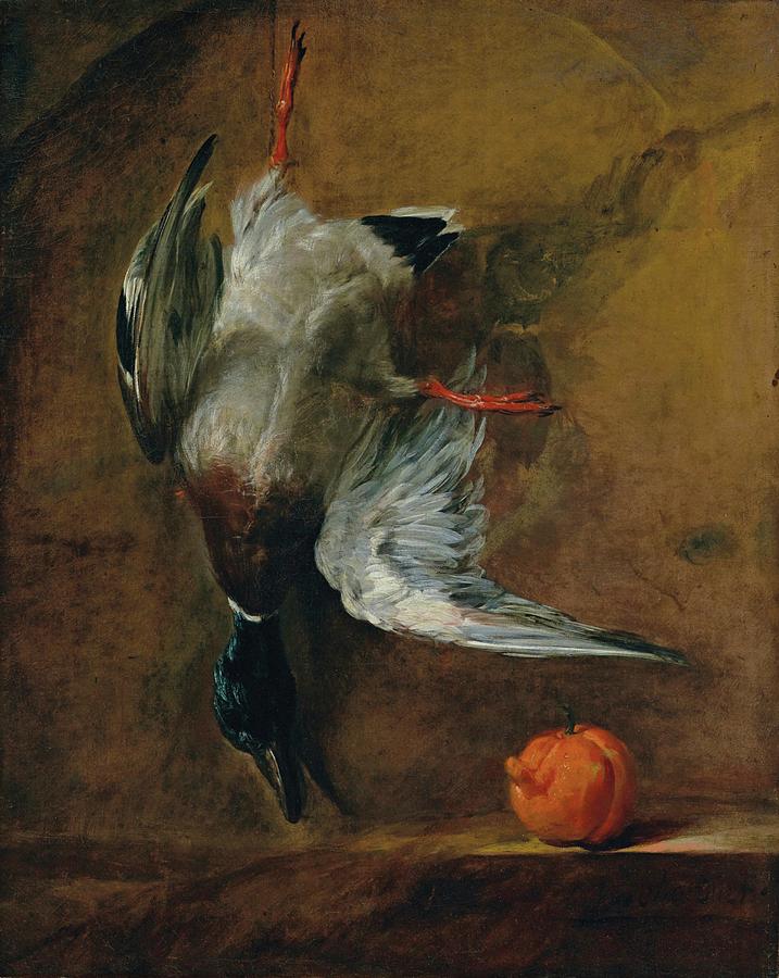 Still Life Painting - A Mallard And A Bitter Orange by Jean-baptiste-simeon Chardin