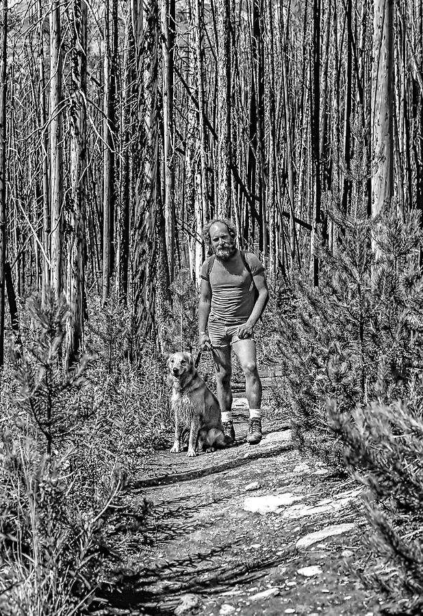 A Man and His Dog - Hiking In The Canadian Rockies bw  Photograph by Steve Harrington