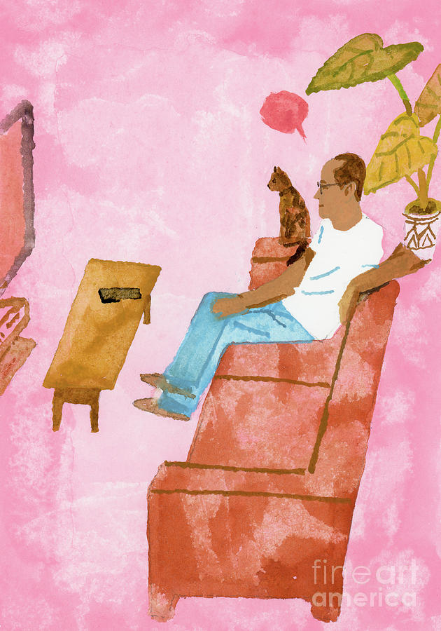 A Man Watching Tv With A Cat Painting by Hiroyuki Izutsu