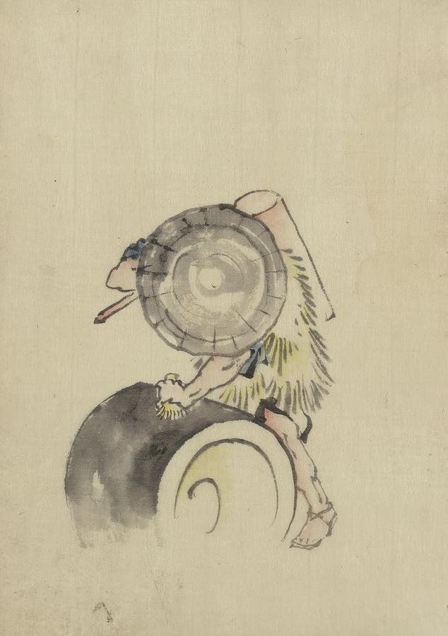 Mouse Painting - A Man, Wearing A Large Conical Hat And A Straw Or Feather by Katsushika Hokusai