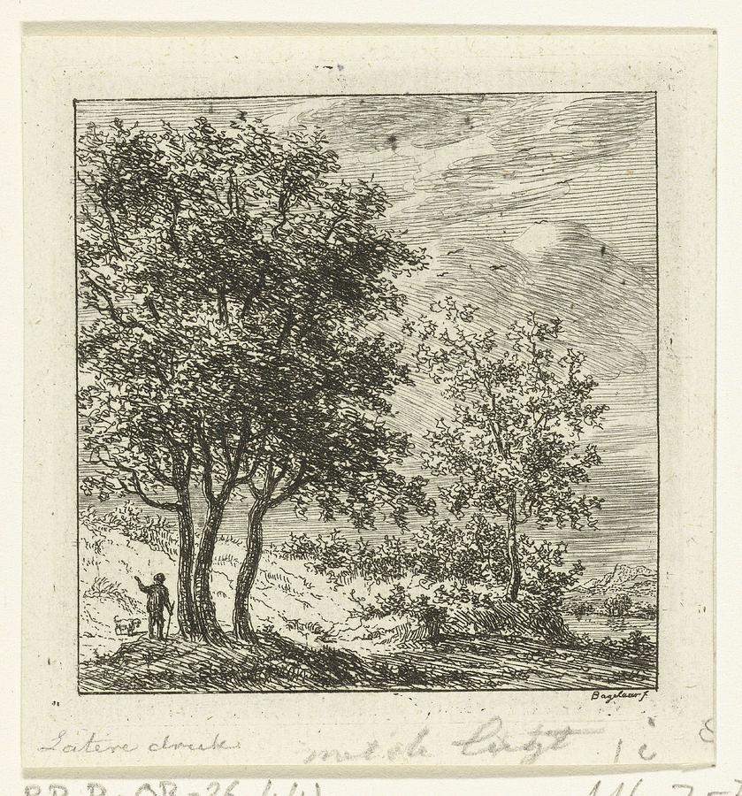A man with a dog in a group of trees, Ernst Willem Jan Bagelaar, 1798 - 1837 Painting by Ernst Willem Jan Bagelaar