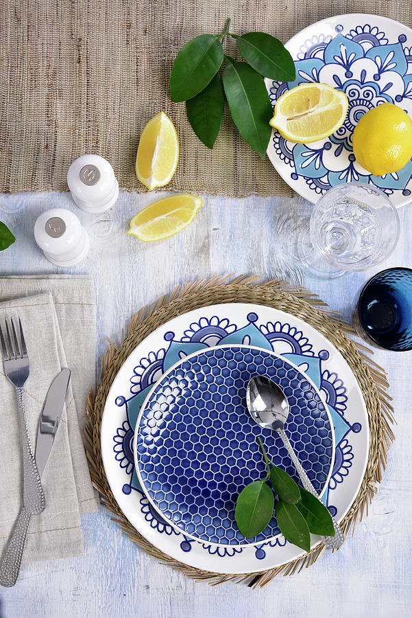 A Maritime Place Setting In Blue And White With Lemons Photograph by Great Stock!