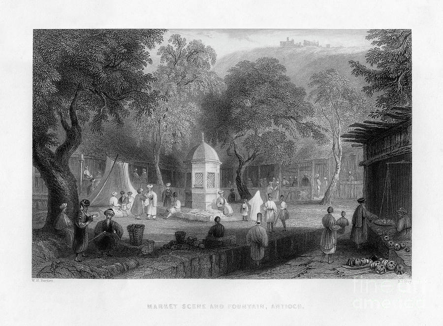 A Market Scene And A Fountain Drawing by Print Collector
