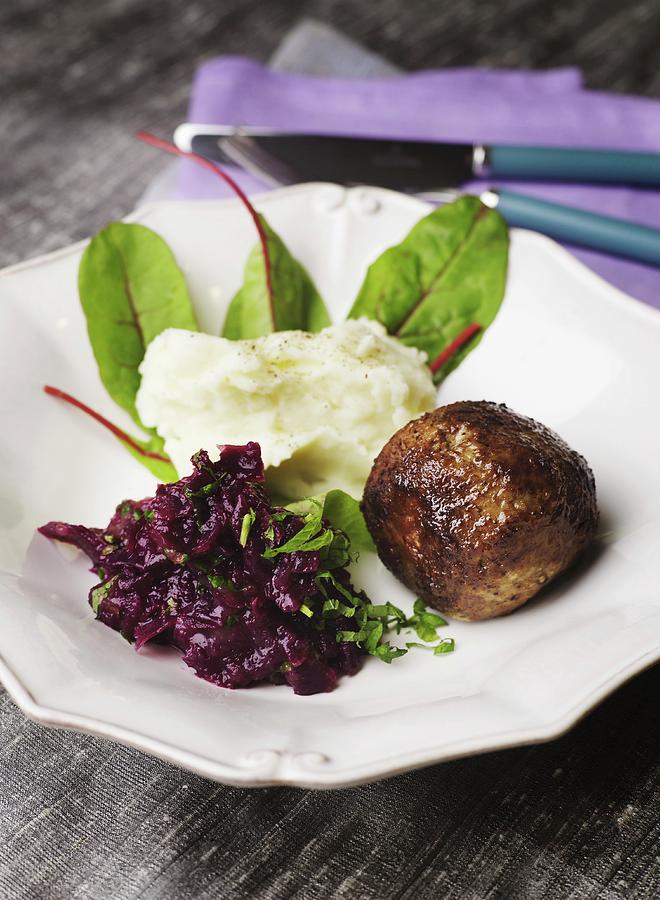 A Meatball With Mashed Potato And Red Cabbage Photograph by Huerta, Anna