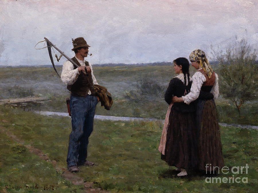 A meeting, 1882 Painting by O Vaering by Erik Werenskiold