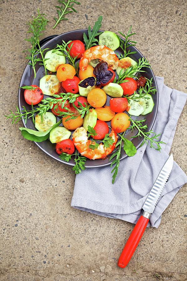 A Melon And Cucumber Salad With Shrimps And A Tomato And Chilli Dressing Photograph by Sophia Schillik