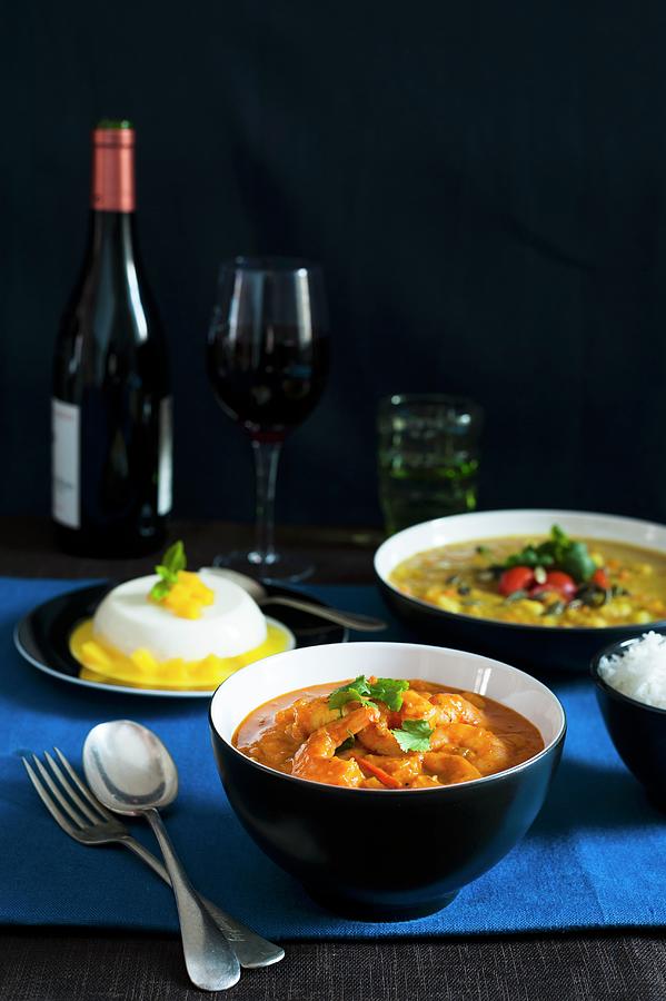 A Menu Of Prawn Curry, Lentil Soup And Mango Panna Cotta Photograph by Babicka, Sarka