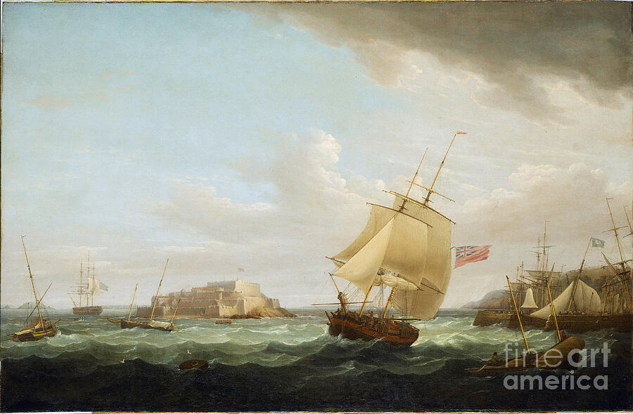 Castle Painting - A Merchant Ship And Other Vessels Off Cornet Castle In Guernsey, England by Thomas Whitcombe