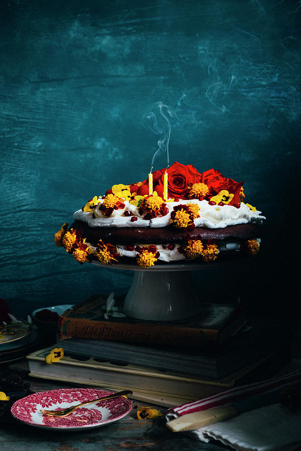 A Merengue With Candles And Smoke, With Eatable Flowers, Whipped Cream And Cholate Photograph by Lucie Beck