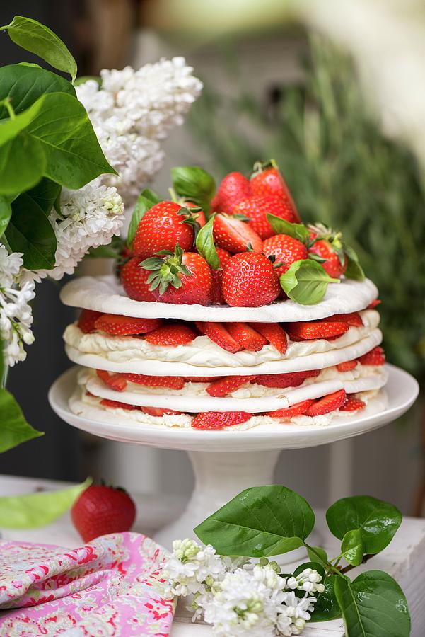A Meringue And Cream Layered Cake With Strawberries And Basil Photograph by Winfried Heinze