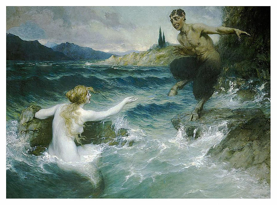 Mermaid Painting - A Mermaid Tempting a Satyr into the Water by Ferdinand Leeke